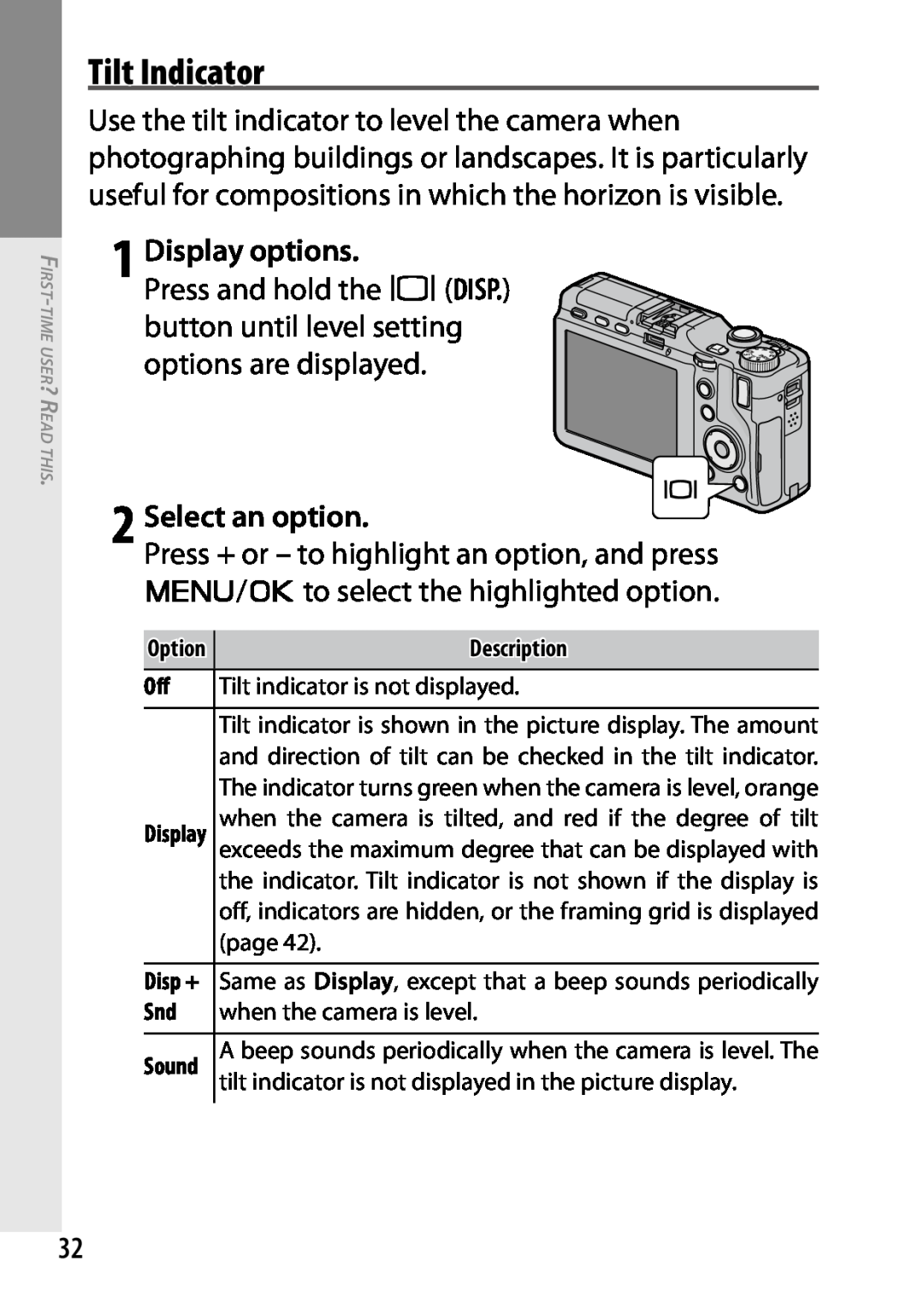 Ricoh 170553, GXR, 170543 manual Tilt Indicator, 1 Display options, Select an option 